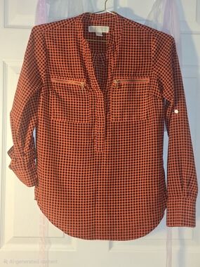 Michael Kors Red and Black Houndstooth Zip-Pocket Blouse
